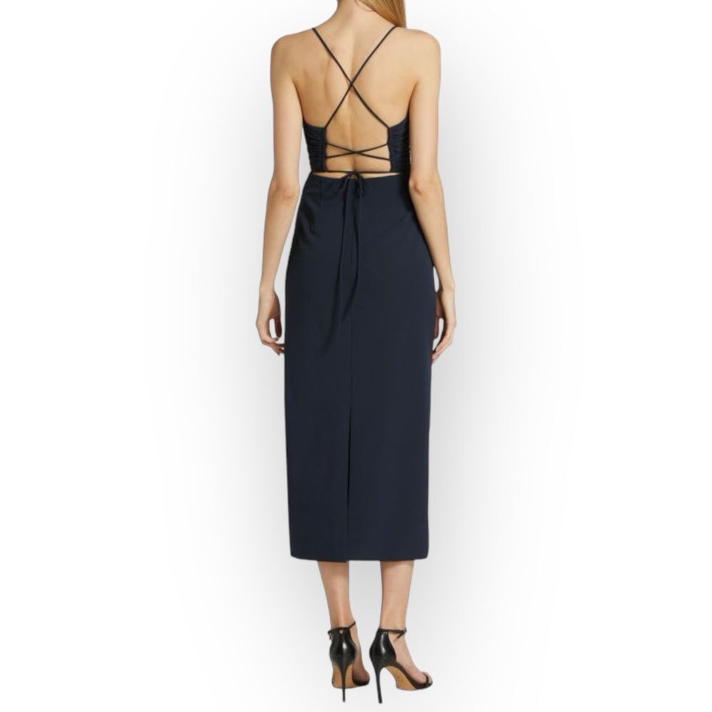 CINQ À SEPT NWT Judy Ruched Navy Backless Midi-Dress- size 12- sexy classic - Picture 4 of 13